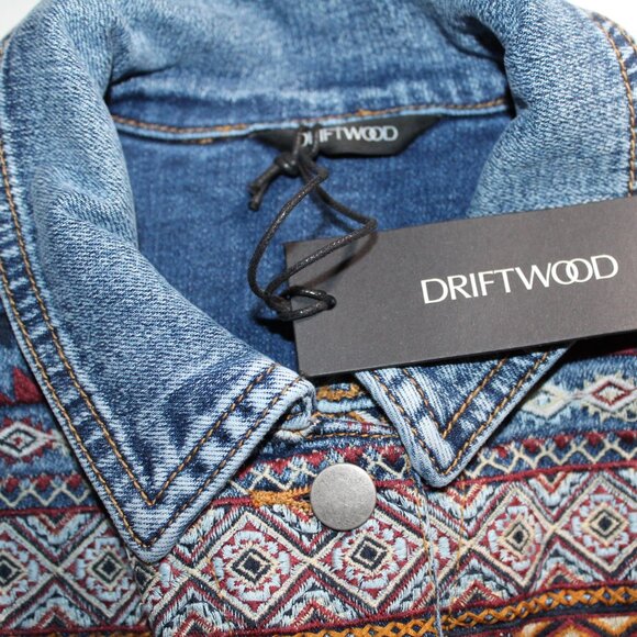 NWT Driftwood Denim Aztec Fringe Trim Jean Jacket Western Embroidered Rowan - Picture 4 of 10